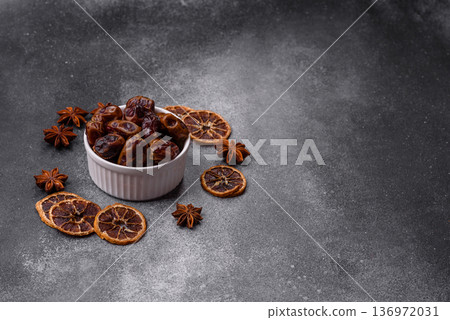 Dried sweet dates, natural tropical fruits for a healthy diet. Dried dates 136972031
