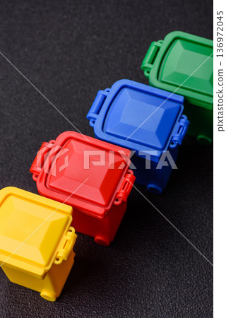 Bins for trash or garbage, selective and recycling waste disposal. Bins for trash or waste Bins for trash or garbage, selective and recycling waste disposal. Bins for trash or waste 136972045