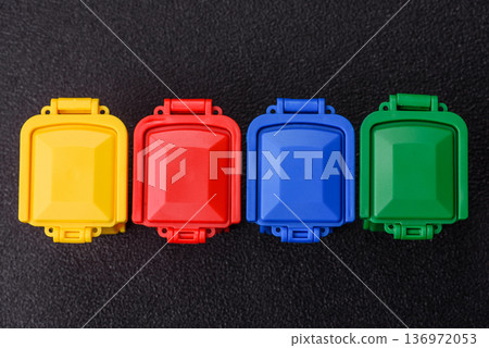 Bins for trash or garbage, selective and recycling waste disposal. Bins for trash or waste Bins for trash or garbage, selective and recycling waste disposal. Bins for trash or waste 136972053
