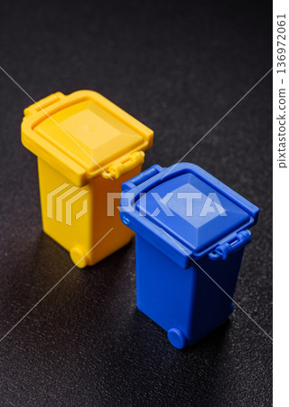 Bins for trash or garbage, selective and recycling waste disposal. Bins for trash or waste Bins for trash or garbage, selective and recycling waste disposal. Bins for trash or waste 136972061