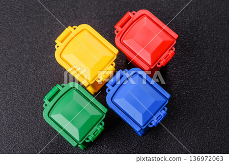 Bins for trash or garbage, selective and recycling waste disposal. Bins for trash or waste Bins for trash or garbage, selective and recycling waste disposal. Bins for trash or waste 136972063