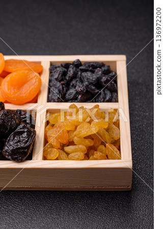A variety of dried fruits, apricots, prunes, cranberries, raisins, figs, and dates for a healthy breakfast. A dried fruit mix A variety of dried fruits, apricots, prunes, cranberries, raisins, figs, and dates for a healthy breakfast. A dried fruit mix 136972200