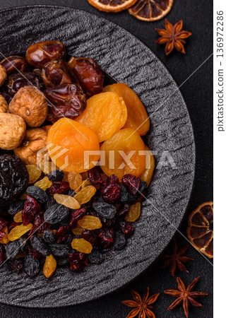 A variety of dried fruits, apricots, prunes, cranberries, raisins, figs, and dates for a healthy breakfast. A dried fruit mix A variety of dried fruits, apricots, prunes, cranberries, raisins, figs, and dates for a healthy breakfast. A dried fruit mix 136972286