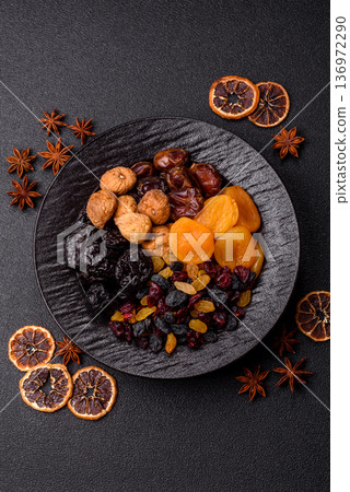 A variety of dried fruits, apricots, prunes, cranberries, raisins, figs, and dates for a healthy breakfast. A dried fruit mix A variety of dried fruits, apricots, prunes, cranberries, raisins, figs, and dates for a healthy breakfast. A dried fruit mix 136972290