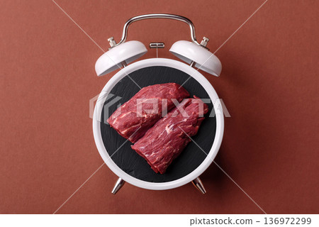 Vintage alarm clock on brown surface as a conceptual background for deadlines for tasks 136972299