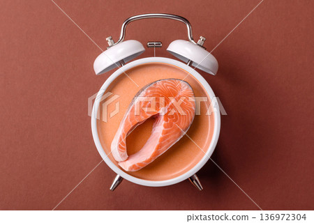 Vintage alarm clock on brown surface as a conceptual background for deadlines for tasks 136972304