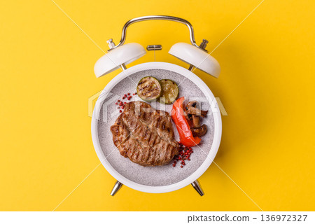 Grilled beef or pork steak, healthy restaurant food for lunch. Barbecue steak Grilled beef or pork steak, healthy restaurant food for lunch. Barbecue steak 136972327