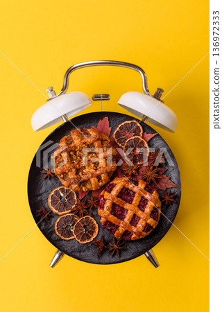 Cherry or strawberry sweet American Christmas pie or tart. American cherry pie 136972333