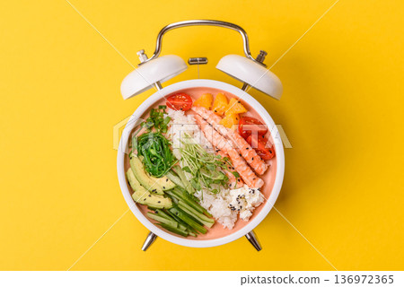 A prawn or shrimp bowl with rice, tomatoes, sauce, and vegetables, Asian food. Prawn or shrimp A prawn or shrimp bowl with rice, tomatoes, sauce, and vegetables, Asian food. Prawn or shrimp 136972365