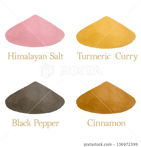 Hand-drawn watercolor cinnamon, turmeric or curry, black pepper and Himalayan pink salt powder illustrations for packaging Hand-drawn watercolor cinnamon, turmeric or curry, black pepper and Himalayan pink salt powder illustrations for packaging 136972399