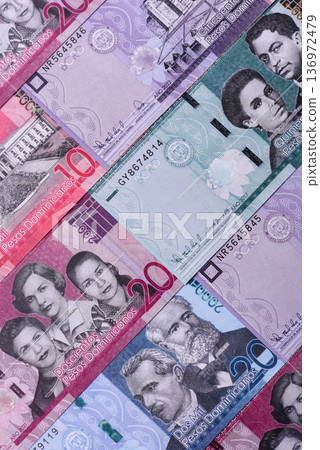Dominican republic money, peso currency, banknotes of various denominations. Dominican money, peso Dominican republic money, peso currency, banknotes of various denominations. Dominican money, peso 136972479