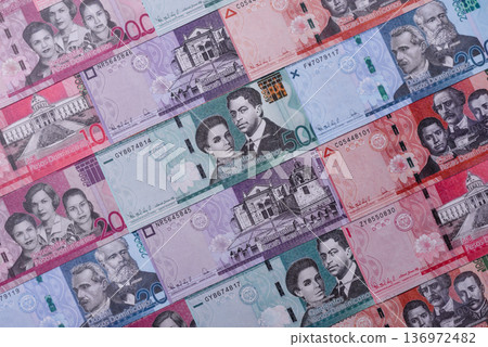 Dominican republic money, peso currency, banknotes of various denominations. Dominican money, peso Dominican republic money, peso currency, banknotes of various denominations. Dominican money, peso 136972482