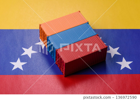 Cargo containers on the Venezuela flag, conceptual backdrop for goods logistics. Cargo containers 136972590