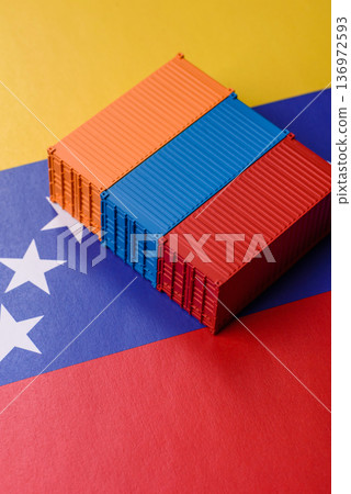 Cargo containers on the Venezuela flag, conceptual backdrop for goods logistics. Cargo containers 136972593