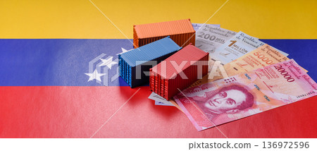 Cargo containers on the Venezuela flag, conceptual backdrop for goods logistics. Cargo containers 136972596