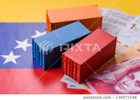 Cargo containers on the Venezuela flag, conceptual backdrop for goods logistics. Cargo containers Cargo containers on the Venezuela flag, conceptual backdrop for goods logistics. Cargo containers 136972598