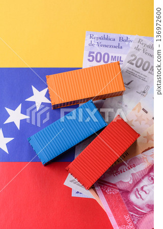 Cargo containers on the Venezuela flag, conceptual backdrop for goods logistics. Cargo containers 136972600