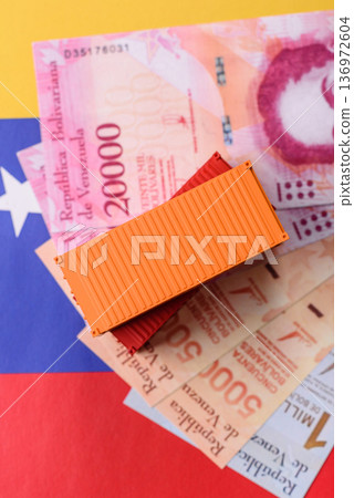 Cargo containers on the Venezuela flag, conceptual backdrop for goods logistics. Cargo containers 136972604