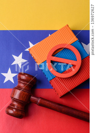 The cargo container embargo on the Venezuela flag as a backdrop for your design The cargo container embargo on the Venezuela flag as a backdrop for your design 136972627
