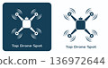 Stylized quadcopter drone logo design with motion lines on dark and light backgrounds. 136972644