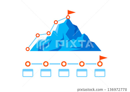 Blue mountain timeline infographic with milestone checkpoints 136972778