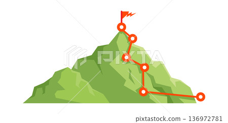 Green mountain route to success with summit flag 136972781