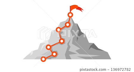 Mountain climbing route with flag business success 136972782