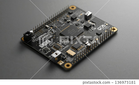 高對比PCB照片突顯了黑色遮罩和白色絲網印刷工藝打造的精美佈線。 136973181