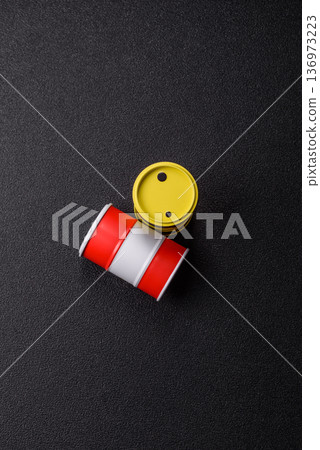 Metal barrels containing oil, gas, or chemicals, global fuel prices, and trends. Oil barrels 136973223