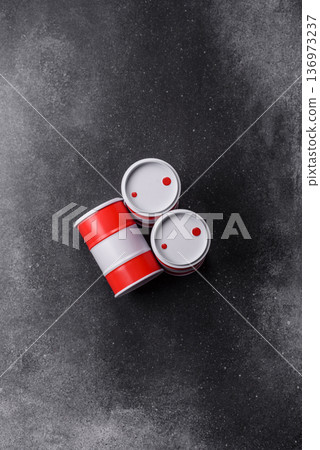 Metal barrels containing oil, gas, or chemicals, global fuel prices, and trends. Oil barrels 136973237
