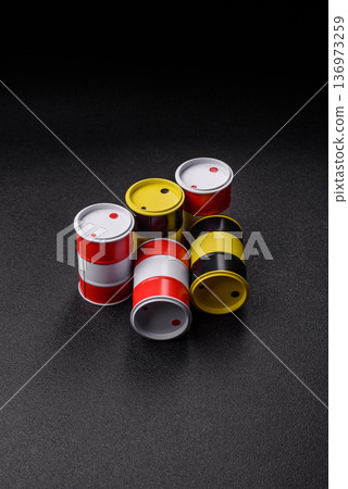 Metal barrels containing oil, gas, or chemicals, global fuel prices, and trends. Oil barrels 136973259