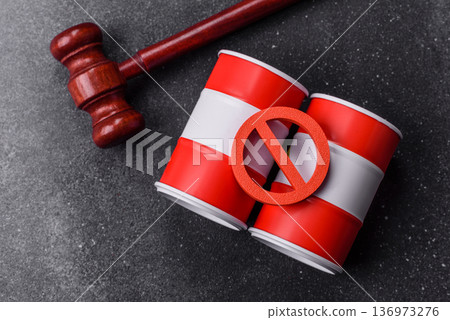 Metal barrels containing oil, gas, or chemicals, with a prohibition sign. Oil barrels 136973276