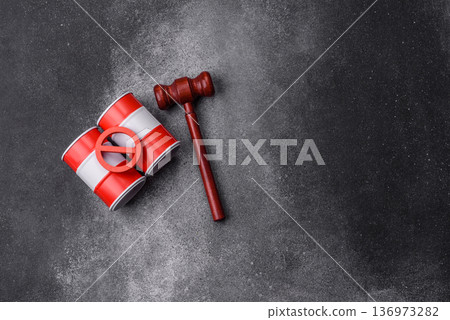 Metal barrels containing oil, gas, or chemicals, with a prohibition sign. Oil barrels 136973282