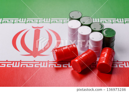 Metal barrels of oil, gas, or chemicals on the Iranian flag, Iran production. Barrels of Iranian oil 136973286