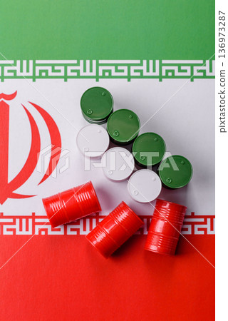 Metal barrels of oil, gas, or chemicals on the Iranian flag, Iran production. Barrels of Iranian oil 136973287