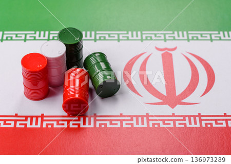 Metal barrels of oil, gas, or chemicals on the Iranian flag, Iran production. Barrels of Iranian oil Metal barrels of oil, gas, or chemicals on the Iranian flag, Iran production. Barrels of Iranian oil 136973289