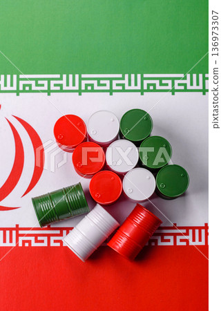 Metal barrels of oil, gas, or chemicals on the Iranian flag, Iran production. Barrels of Iranian oil 136973307