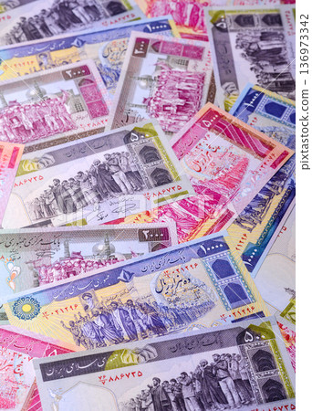Iranian money, lira currency, banknotes of various denominations, financial transactions. Iran money Iranian money, lira currency, banknotes of various denominations, financial transactions. Iran money 136973342