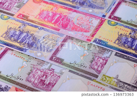 Iranian money, lira currency, banknotes of various denominations, financial transactions. Iran money 136973363