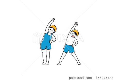 兒童身穿泳衣進行游泳熱身運動的插圖，泳池場景，手繪向量素材 136973522