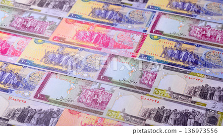 Iranian money, lira currency, banknotes of various denominations, financial transactions. Iran money 136973556