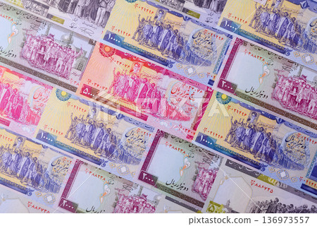 Iranian money, lira currency, banknotes of various denominations, financial transactions. Iran money 136973557
