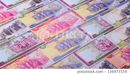 Iranian money, lira currency, banknotes of various denominations, financial transactions. Iran money 136973559