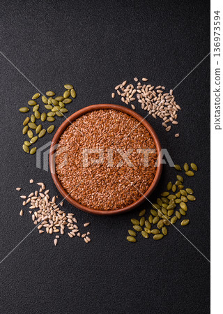 Flaxseed as an ingredient for oil, organic flour, and healthy foods. Flax seeds 136973594