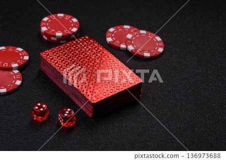 Casino, cards and chips on a colored background, poker and blackjack. Cards and chips 136973688