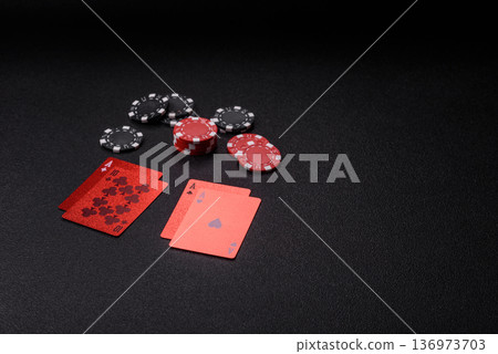 Casino, cards and chips on a colored background, poker and blackjack. Cards and chips 136973703