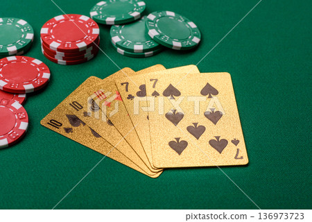 Casino, cards and chips on a colored background, poker and blackjack. Cards and chips 136973723
