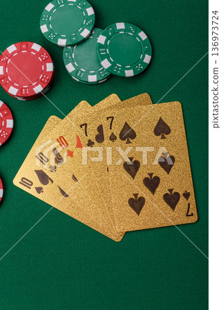 Casino, cards and chips on a colored background, poker and blackjack. Cards and chips 136973724