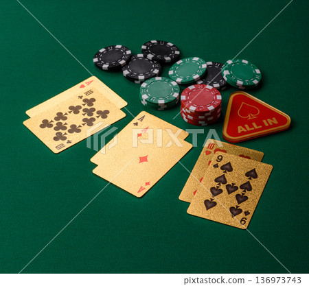 Casino, cards and chips on a colored background, poker and blackjack. Cards and chips 136973743