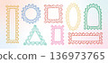 Bright color checkered line pattern wavy, zigzag edges geometric shapes, figures. Cute squiggle frames. Groovy vector frameworks, arch, circle. 136973765